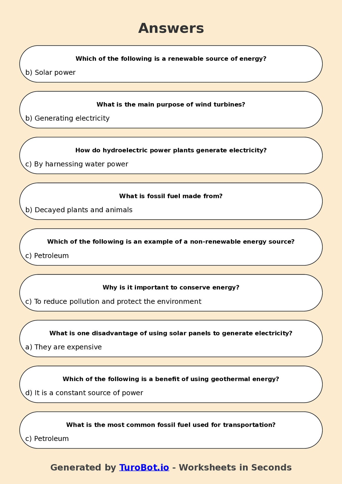Year 5 Science Multiple Choice Worksheet – Energy Sources and Uses
