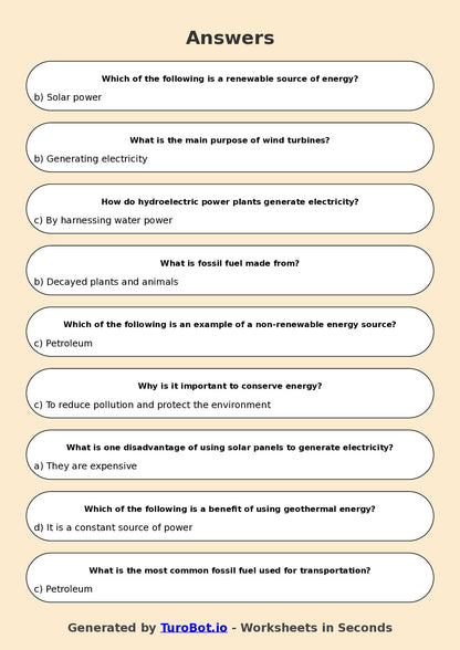 Year 5 Science Multiple Choice Worksheet – Energy Sources and Uses