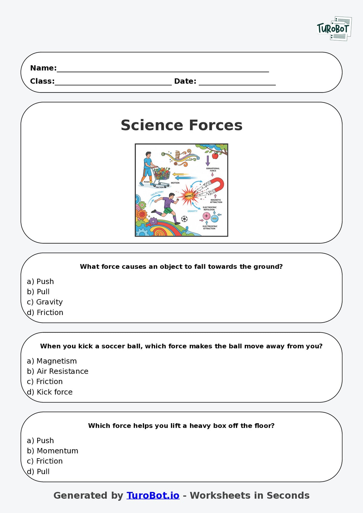 Year 5 Science Multiple Choice Worksheet – Pushes Pulls and Forces