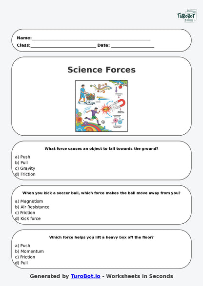 Year 5 Science Multiple Choice Worksheet – Pushes Pulls and Forces