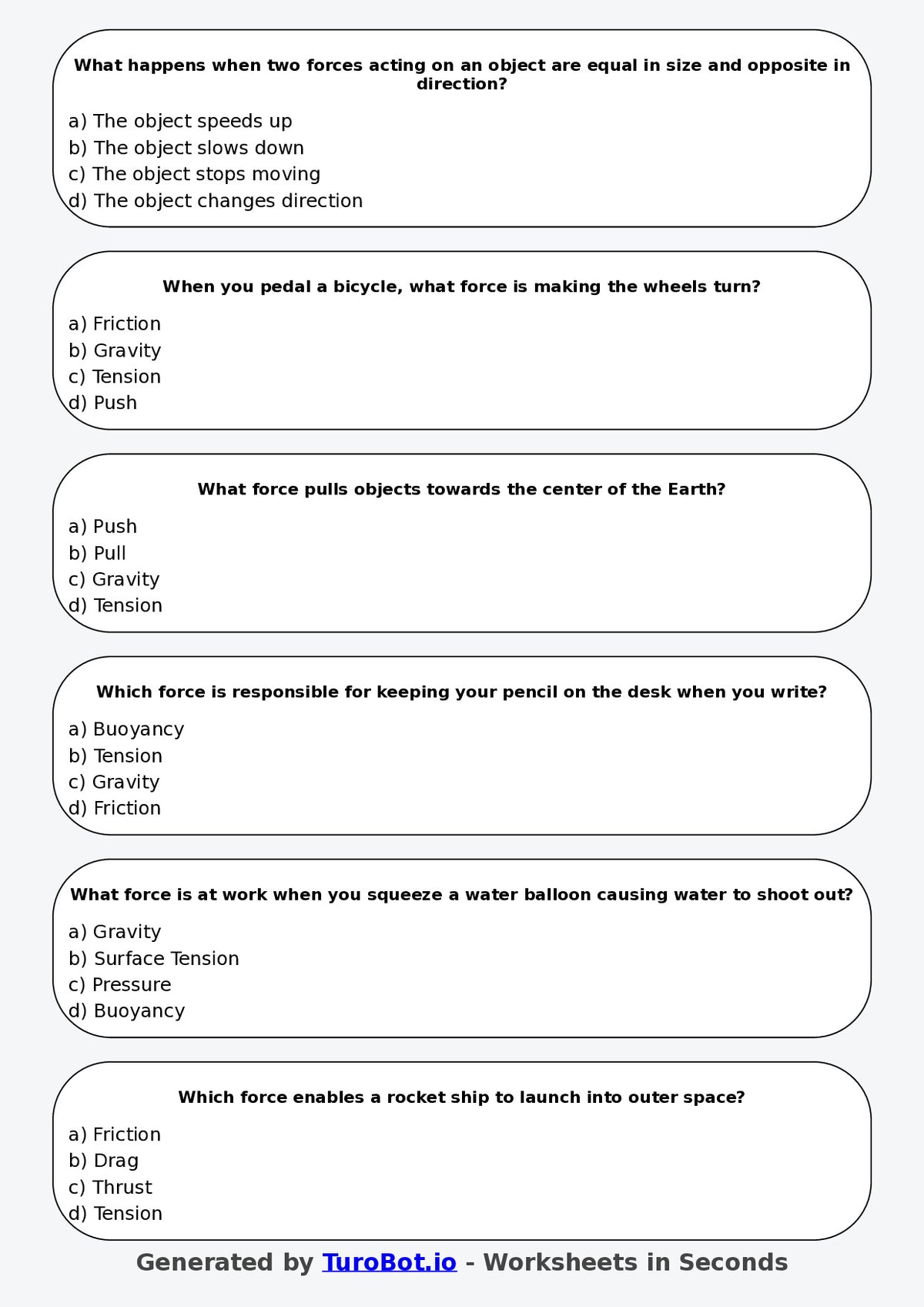Year 5 Science Multiple Choice Worksheet – Pushes Pulls and Forces