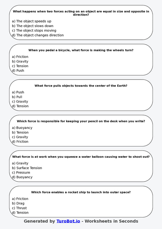 Year 5 Science Multiple Choice Worksheet – Pushes Pulls and Forces
