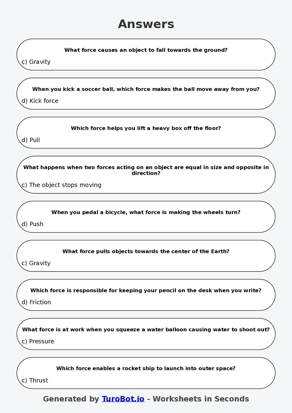 Year 5 Science Multiple Choice Worksheet – Pushes Pulls and Forces