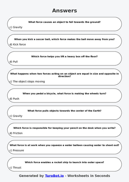 Year 5 Science Multiple Choice Worksheet – Pushes Pulls and Forces