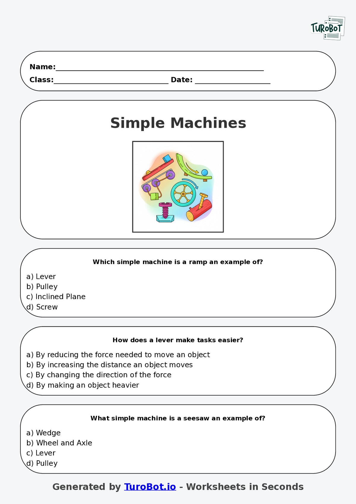 Year 5 Science Multiple Choice Worksheet – Simple Machines in Everyday Life