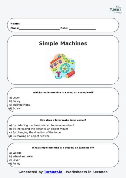 Year 5 Science Multiple Choice Worksheet – Simple Machines in Everyday Life