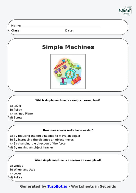 Year 5 Science Multiple Choice Worksheet – Simple Machines in Everyday Life