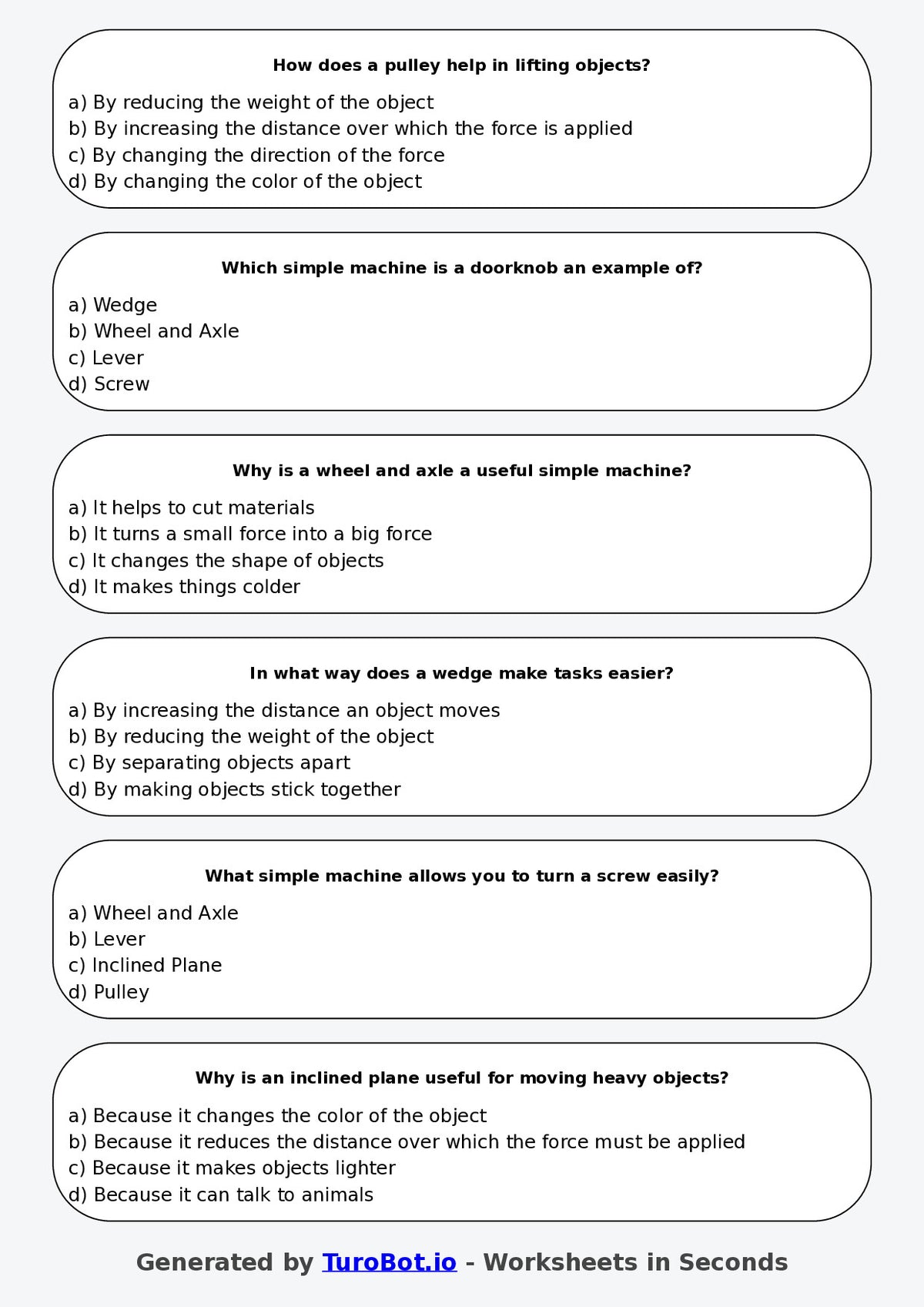 Year 5 Science Multiple Choice Worksheet – Simple Machines in Everyday Life