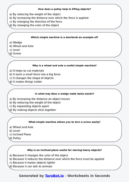Year 5 Science Multiple Choice Worksheet – Simple Machines in Everyday Life