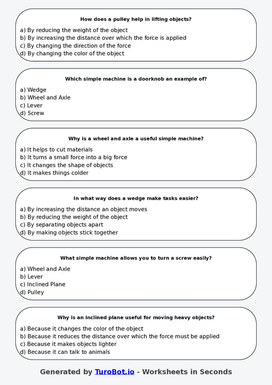 Year 5 Science Multiple Choice Worksheet – Simple Machines in Everyday Life