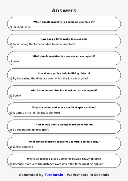 Year 5 Science Multiple Choice Worksheet – Simple Machines in Everyday Life
