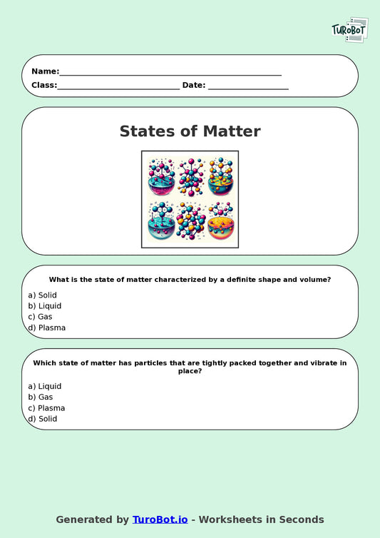 Year 5 Science Multiple Choice Worksheet – States of Matter