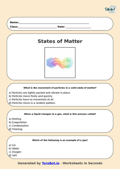 Year 5 Science Multiple Choice Worksheet – States of Matter and Particle Movement