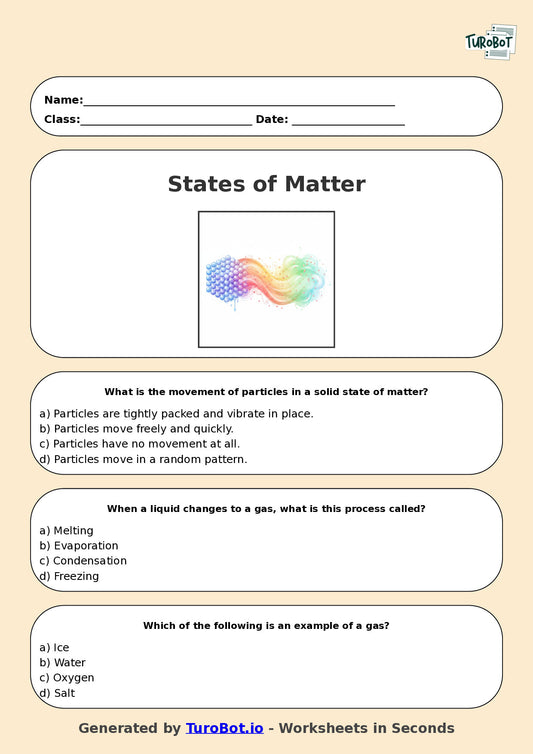 Year 5 Science Multiple Choice Worksheet – States of Matter and Particle Movement