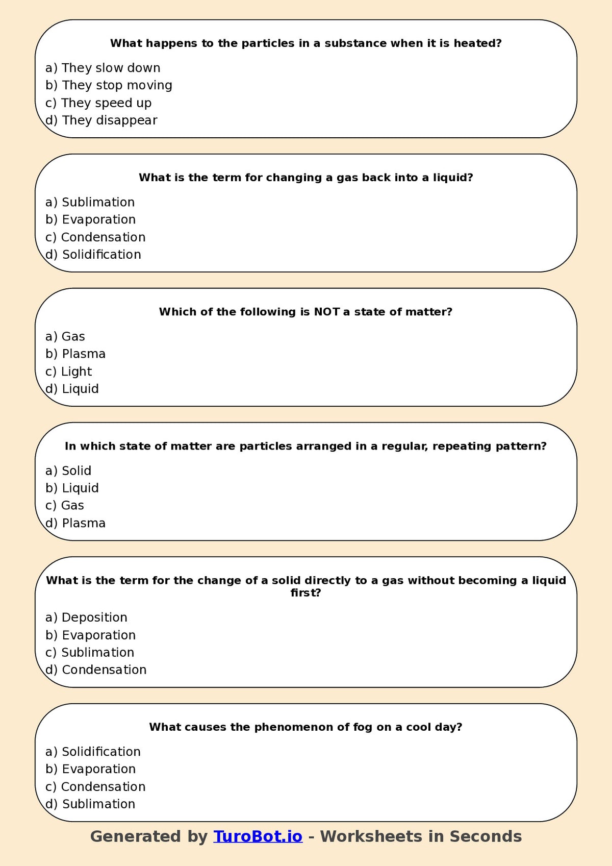 Year 5 Science Multiple Choice Worksheet – States of Matter and Particle Movement