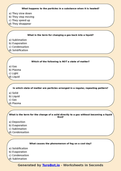 Year 5 Science Multiple Choice Worksheet – States of Matter and Particle Movement