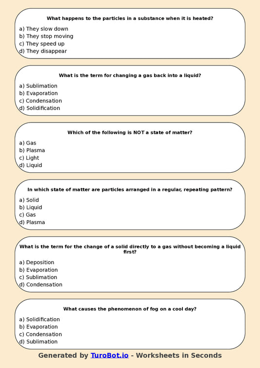 Year 5 Science Multiple Choice Worksheet – States of Matter and Particle Movement