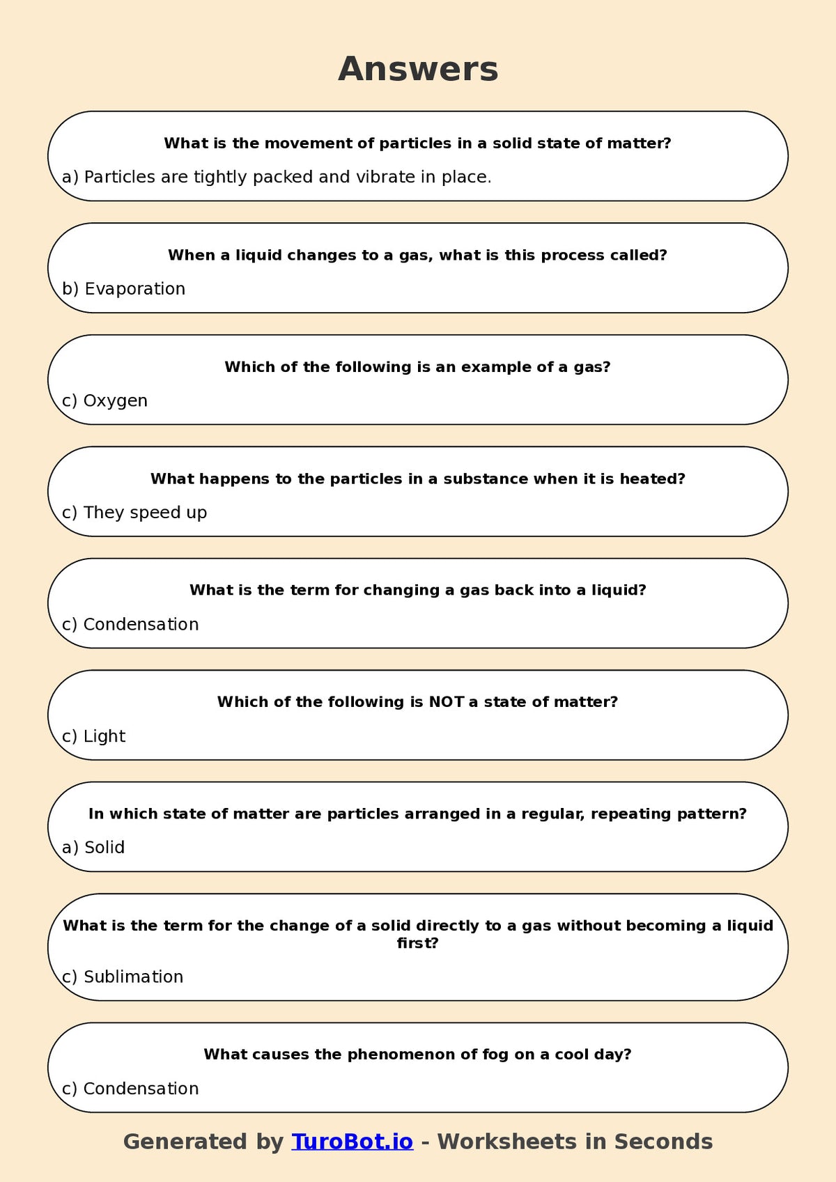 Year 5 Science Multiple Choice Worksheet – States of Matter and Particle Movement