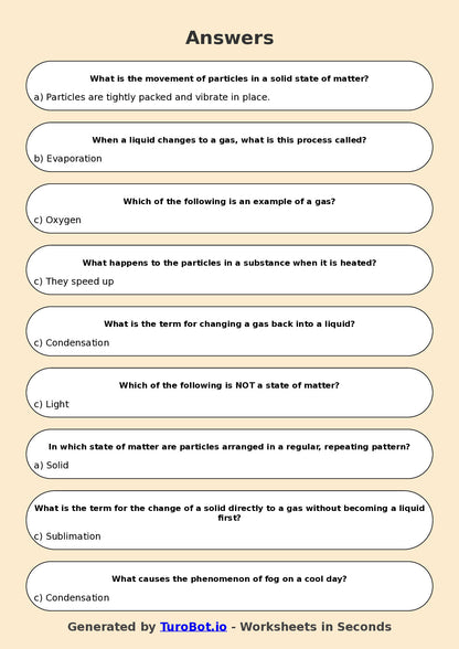 Year 5 Science Multiple Choice Worksheet – States of Matter and Particle Movement