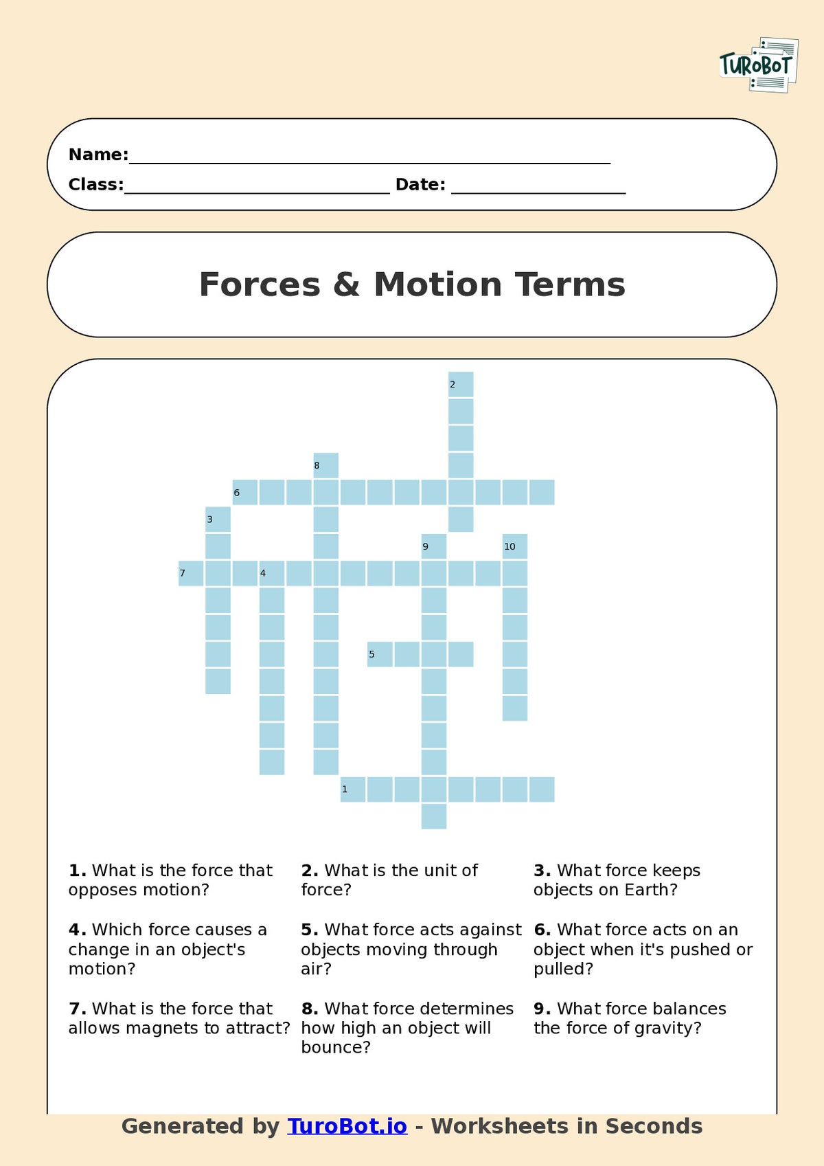 Year 6 Science Crossword Worksheet – Forces & Motion Terms
