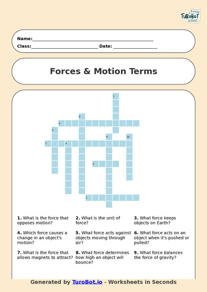 Year 6 Science Crossword Worksheet – Forces & Motion Terms