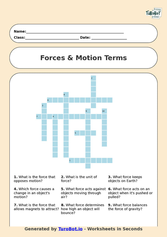 Year 6 Science Crossword Worksheet – Forces & Motion Terms