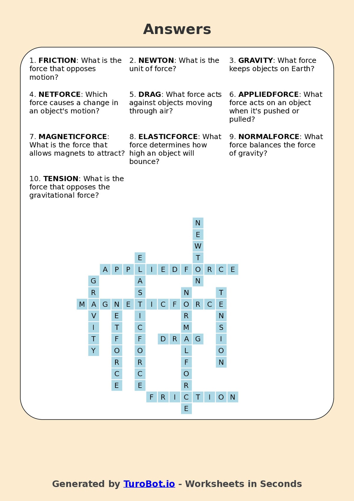 Year 6 Science Crossword Worksheet – Forces & Motion Terms