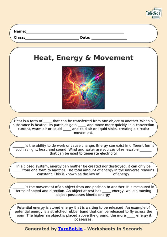 Year 6 Science Fill in the Blanks Worksheet – Heat, Energy & Movement