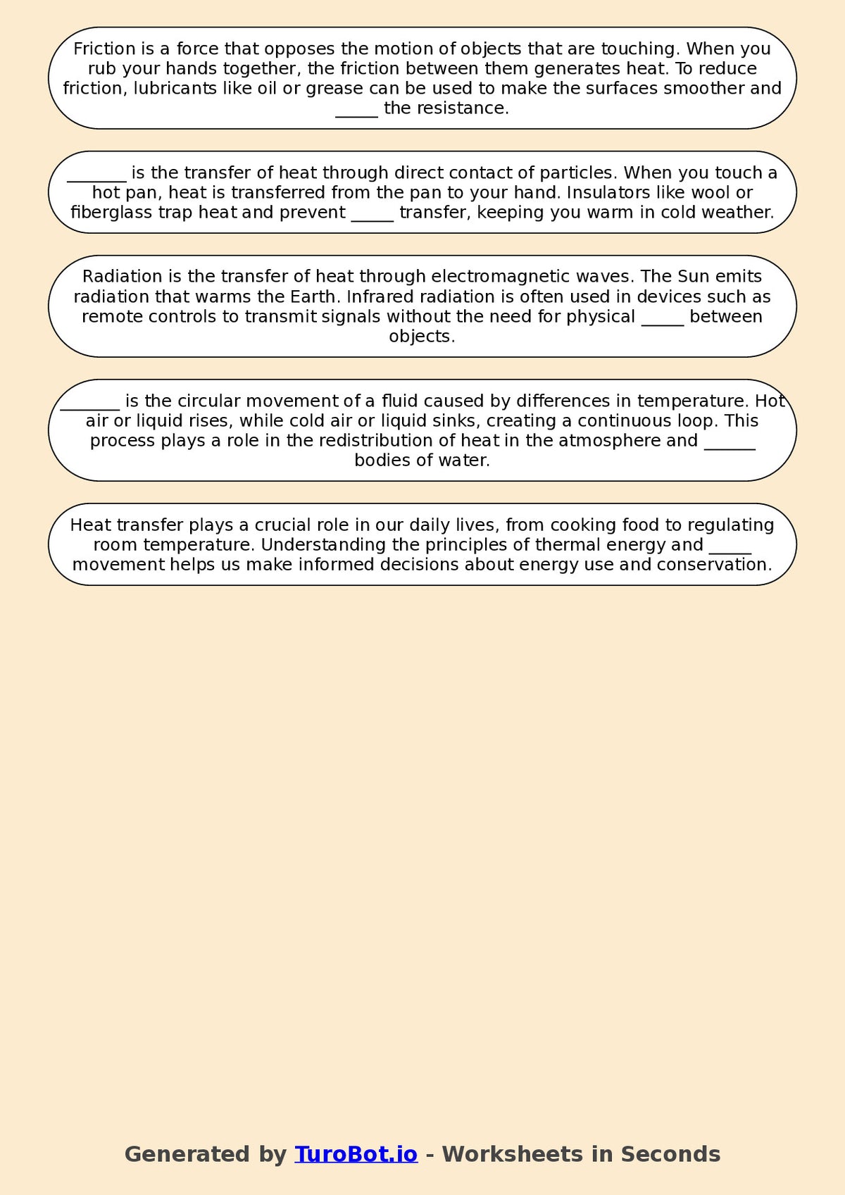 Year 6 Science Fill in the Blanks Worksheet – Heat, Energy & Movement