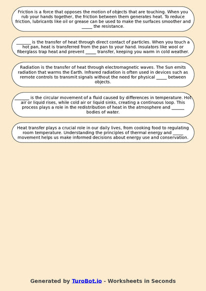 Year 6 Science Fill in the Blanks Worksheet – Heat, Energy & Movement