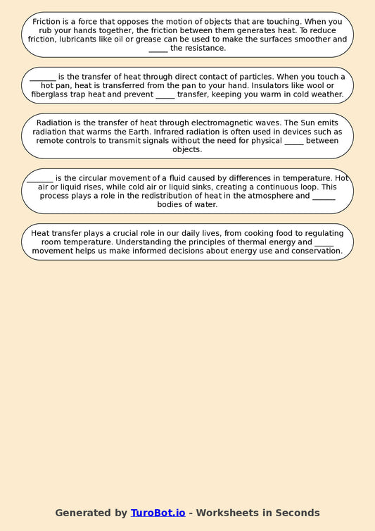 Year 6 Science Fill in the Blanks Worksheet – Heat, Energy & Movement