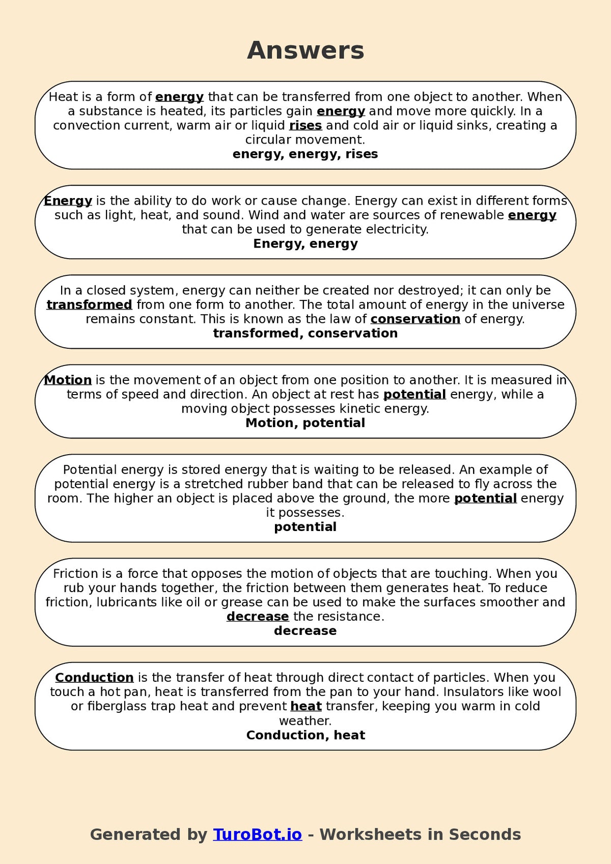 Year 6 Science Fill in the Blanks Worksheet – Heat, Energy & Movement