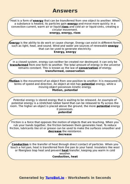 Year 6 Science Fill in the Blanks Worksheet – Heat, Energy & Movement