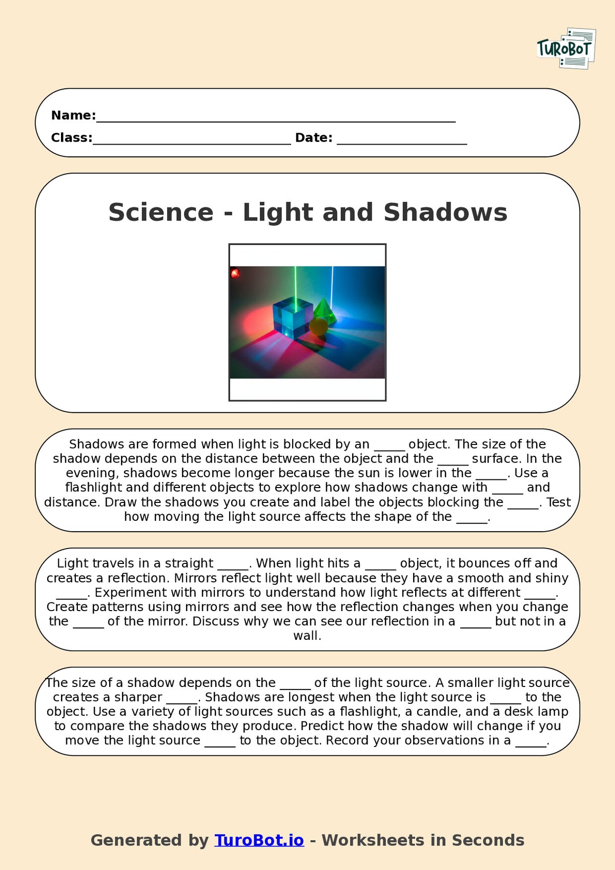 Year 6 Science Fill in the Blanks Worksheet – Light and Shadows