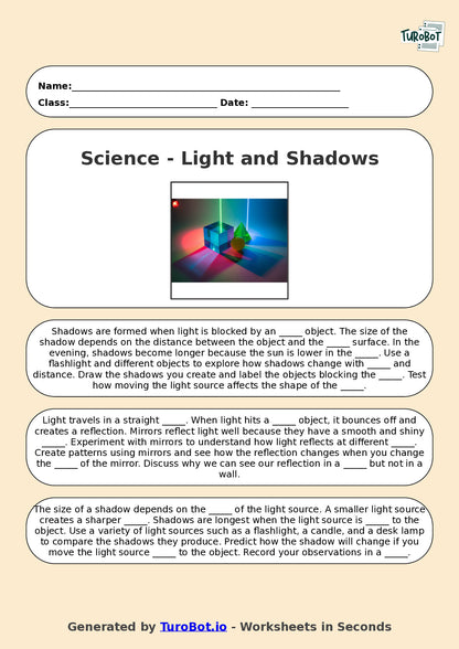 Year 6 Science Fill in the Blanks Worksheet – Light and Shadows