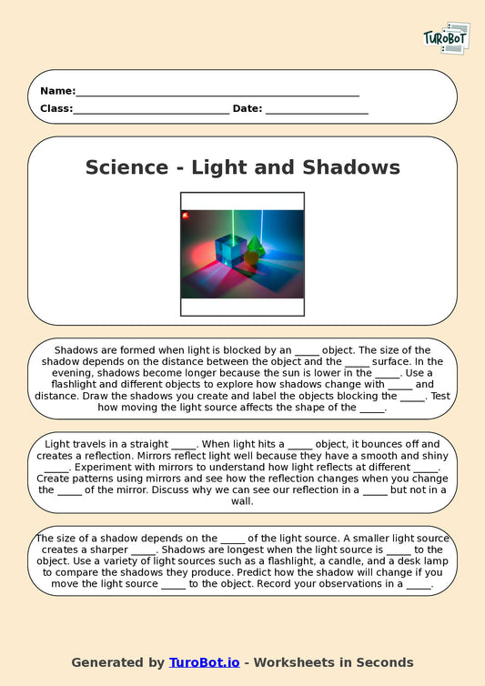 Year 6 Science Fill in the Blanks Worksheet – Light and Shadows