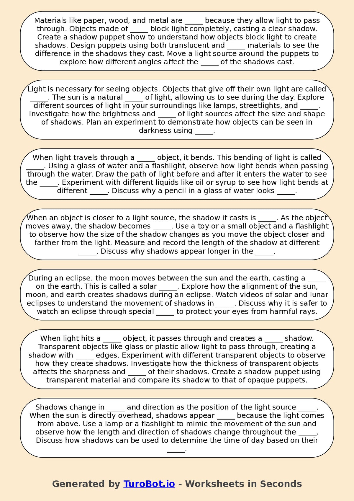 Year 6 Science Fill in the Blanks Worksheet – Light and Shadows