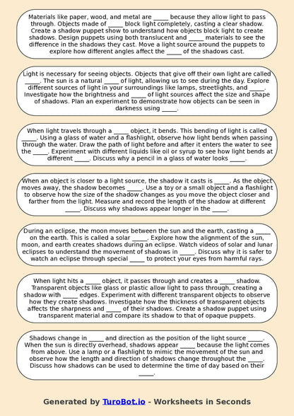 Year 6 Science Fill in the Blanks Worksheet – Light and Shadows
