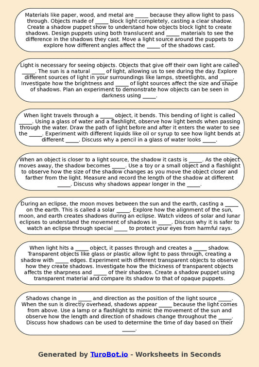 Year 6 Science Fill in the Blanks Worksheet – Light and Shadows