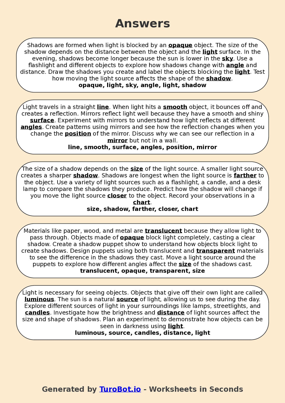 Year 6 Science Fill in the Blanks Worksheet – Light and Shadows
