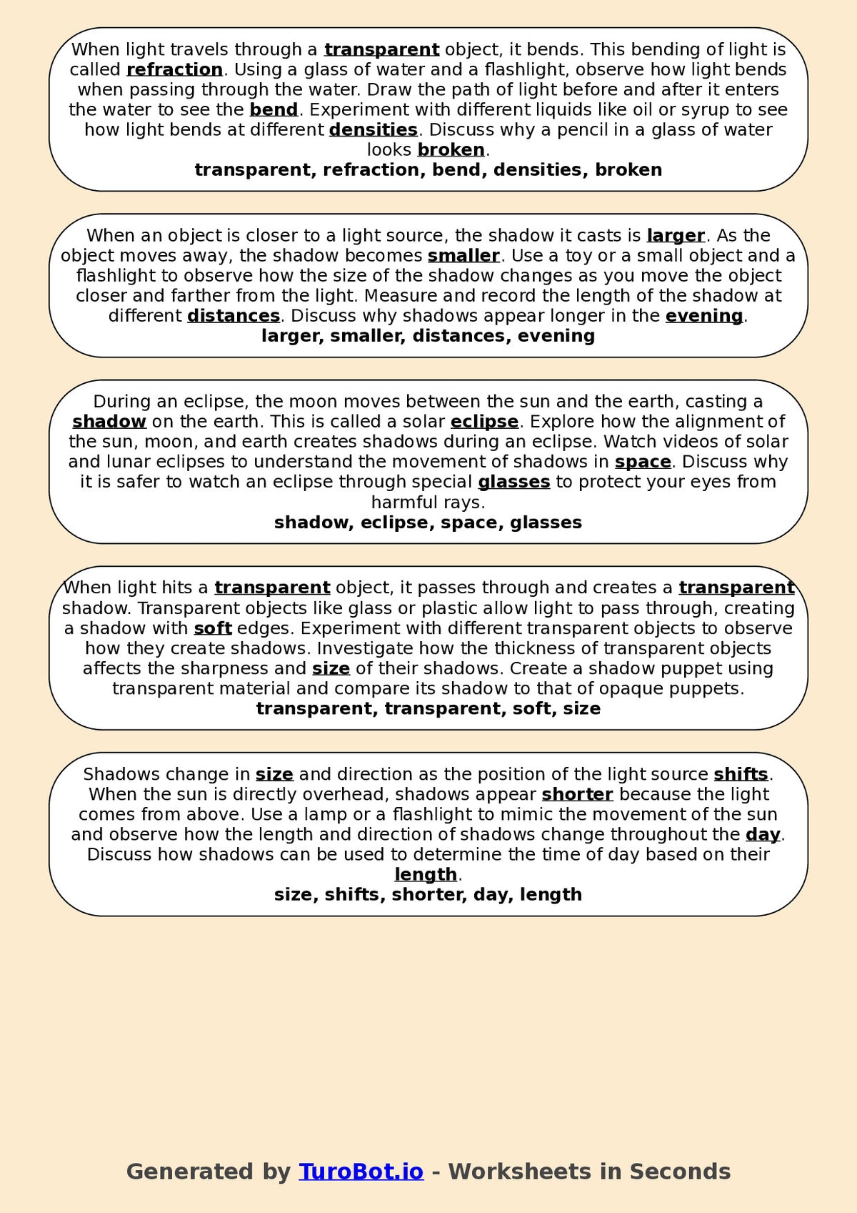Year 6 Science Fill in the Blanks Worksheet – Light and Shadows