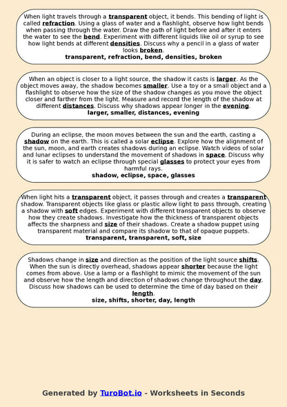 Year 6 Science Fill in the Blanks Worksheet – Light and Shadows