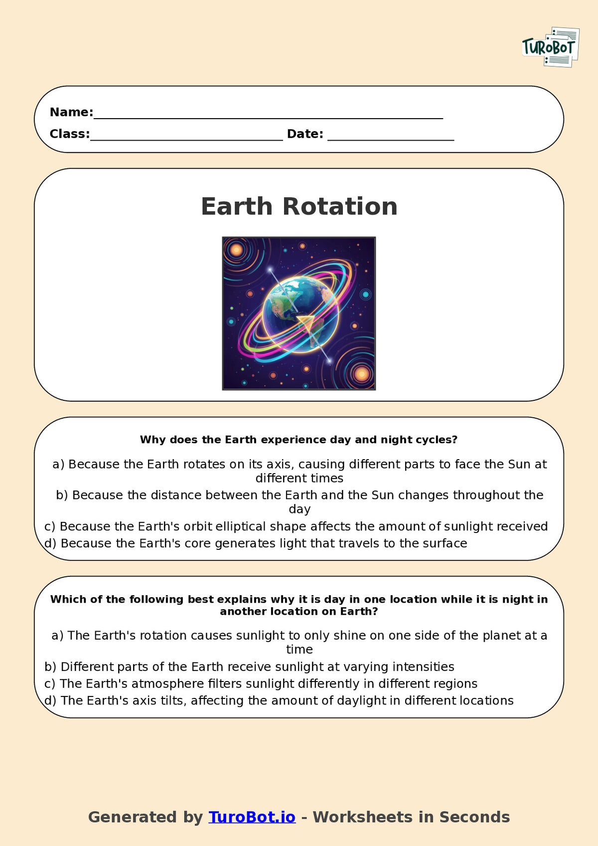 Year 6 Science Multiple Choice Worksheet – Earth Rotation and Day Night Cycle