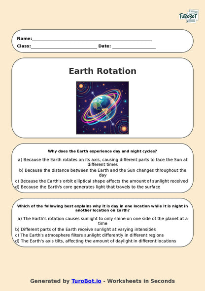 Year 6 Science Multiple Choice Worksheet – Earth Rotation and Day Night Cycle