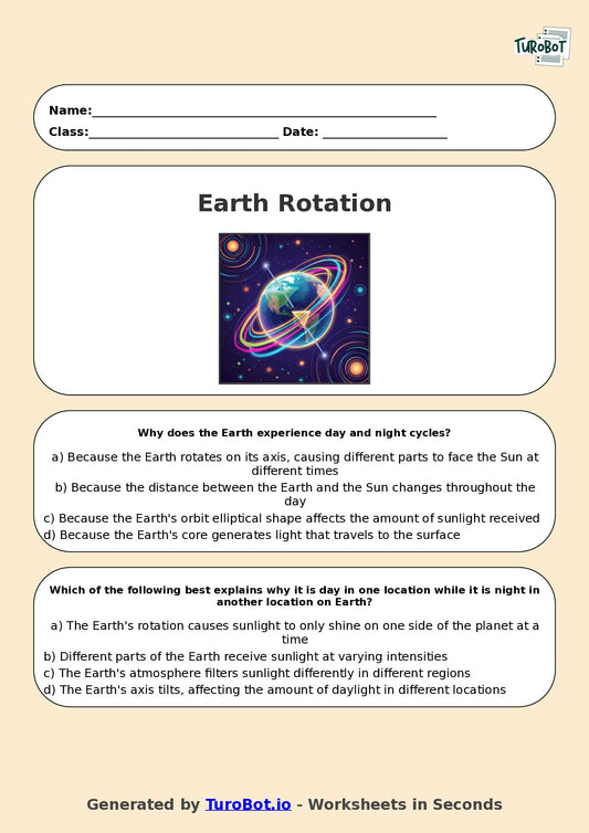 Year 6 Science Multiple Choice Worksheet – Earth Rotation and Day Night Cycle