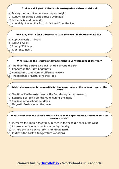 Year 6 Science Multiple Choice Worksheet – Earth Rotation and Day Night Cycle