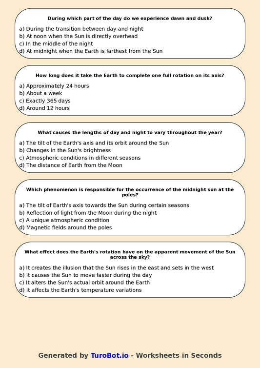 Year 6 Science Multiple Choice Worksheet – Earth Rotation and Day Night Cycle