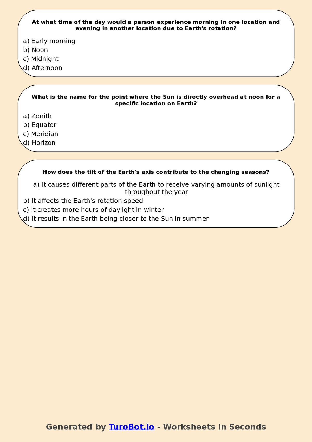 Year 6 Science Multiple Choice Worksheet – Earth Rotation and Day Night Cycle