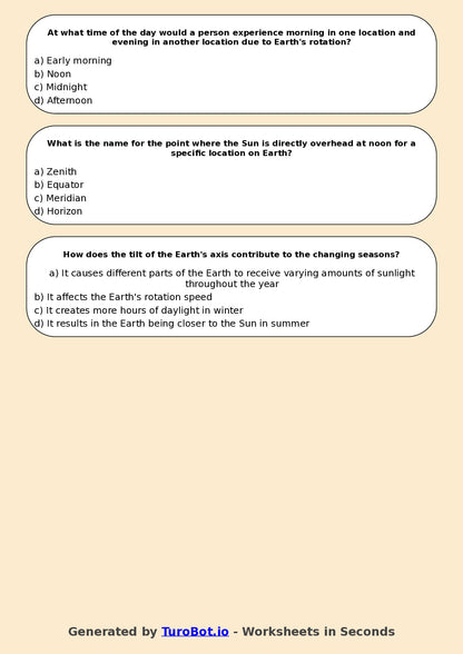 Year 6 Science Multiple Choice Worksheet – Earth Rotation and Day Night Cycle