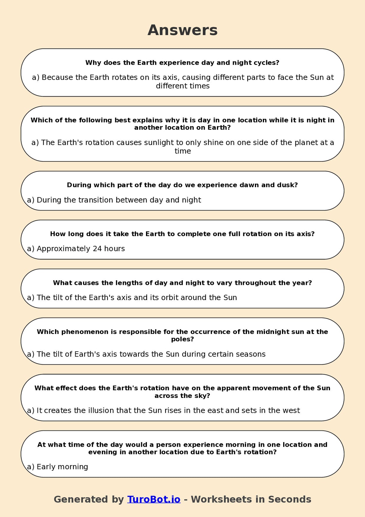 Year 6 Science Multiple Choice Worksheet – Earth Rotation and Day Night Cycle